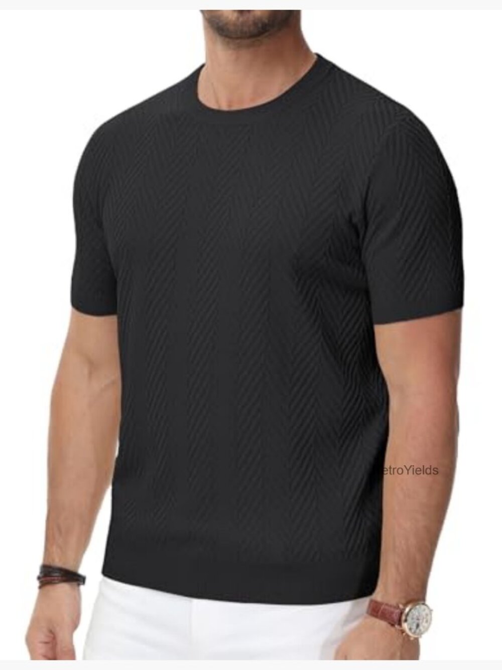 Short Sleeve Knit T-Shirt Crewneck Solid Texture Pullover Tee - Picture 4 of 7